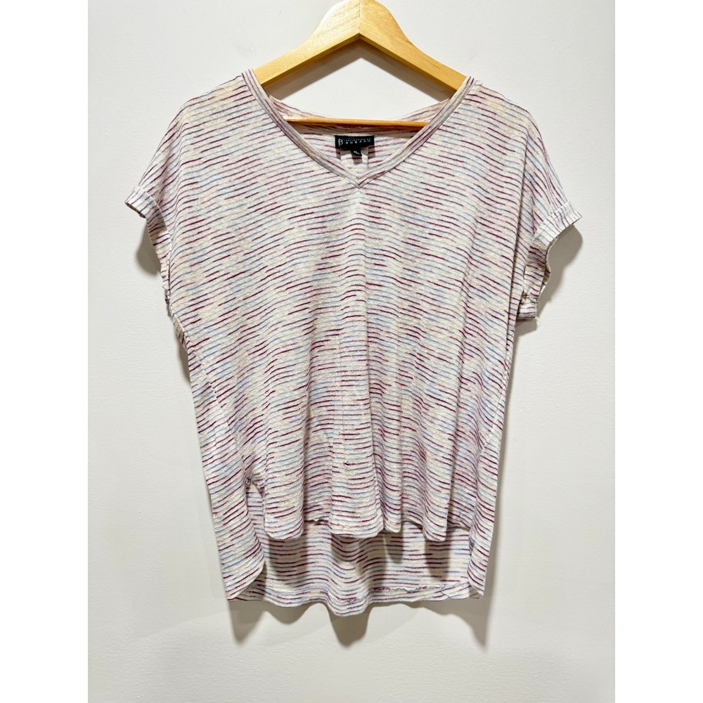 Bobeau Womens XL Space Dye V-Neck Knit Top Short Sleeve Pleat Back White Multi